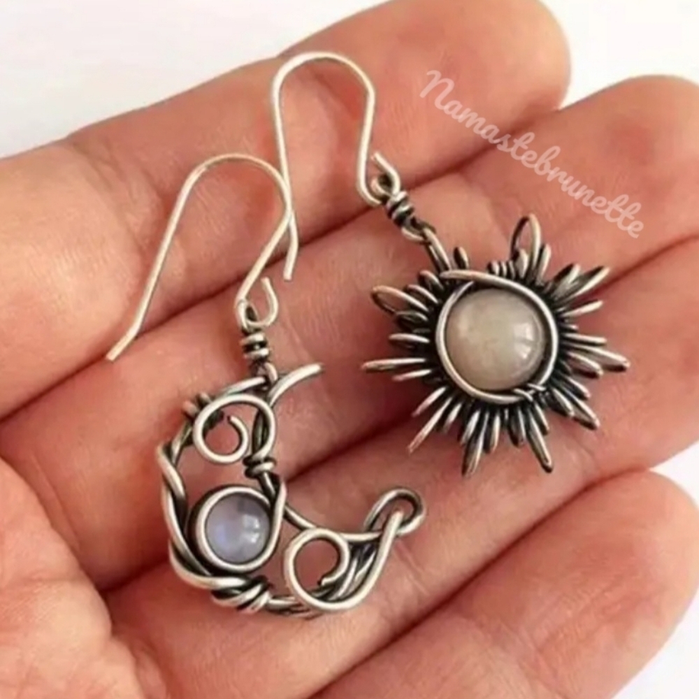 Sun & Moon Silver Wire Wrapped Stone Dangle Drop Earrings - Picture 8 of 15